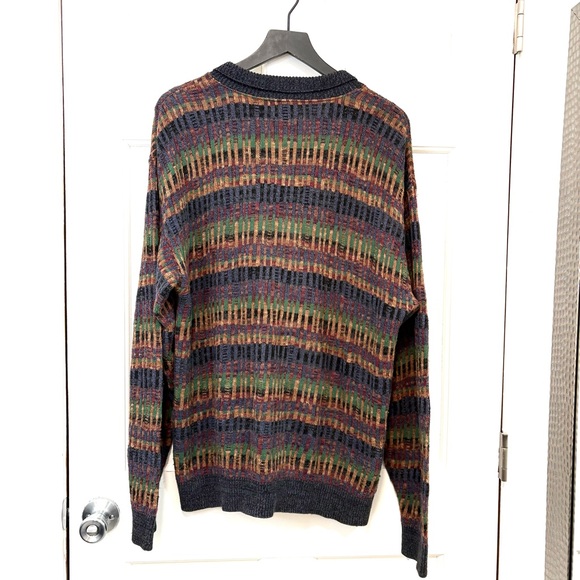 Vintage TSR Grandpa Sweater Eclectic Brown Green Collared Geometric Knit USA 80s - Picture 5 of 12